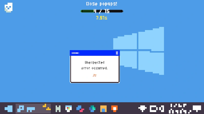 Game screen showing Windows-like desktop with pop-up windows and task counter 'Close popups! 4/15'