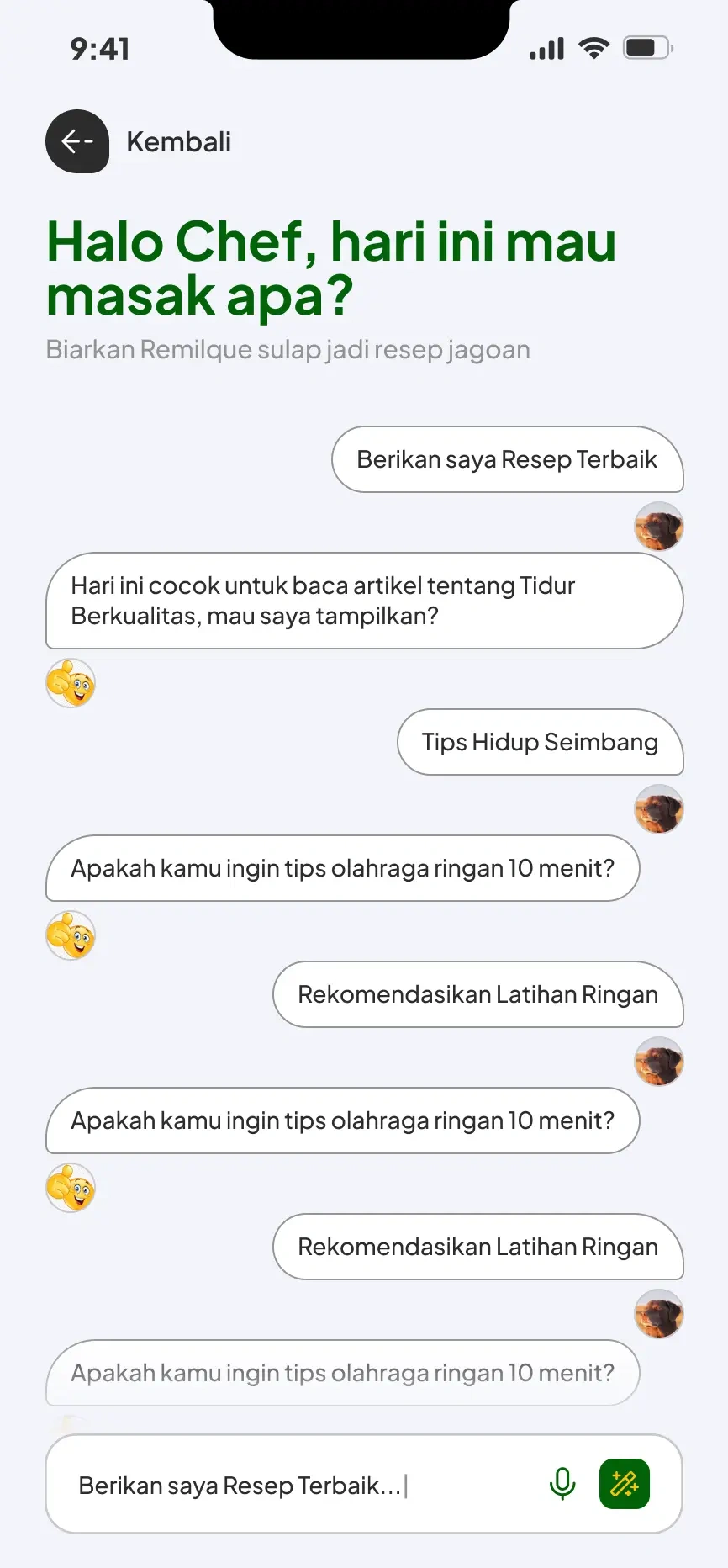 Chat screen with voice mic button and suggestion bubbles.
